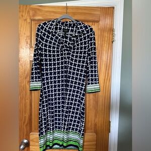 Laundry polyester navy and white dress with lime accents on cuffs and hem size8